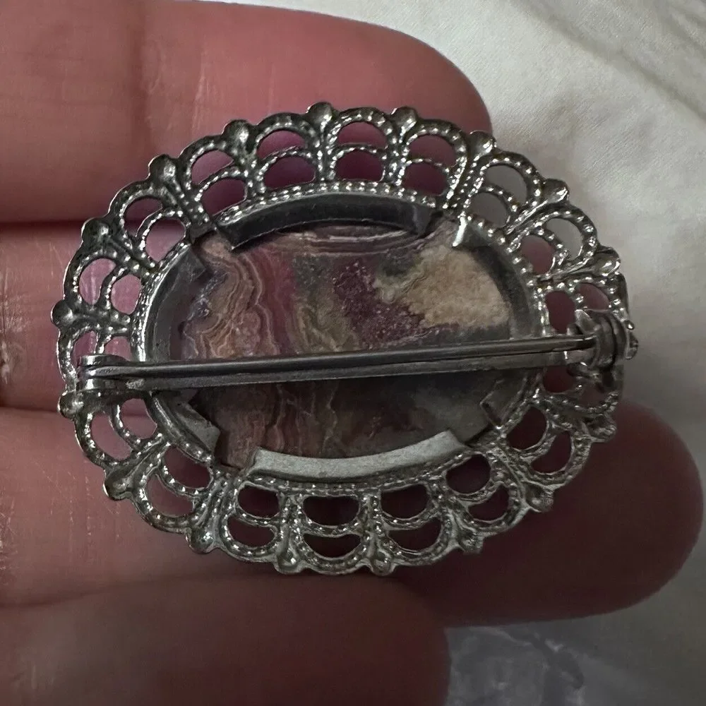 Vintage Artisan Brooch‎ Pin 1.25 Inch Crazy Lace Polished Agate Stainless Steel
